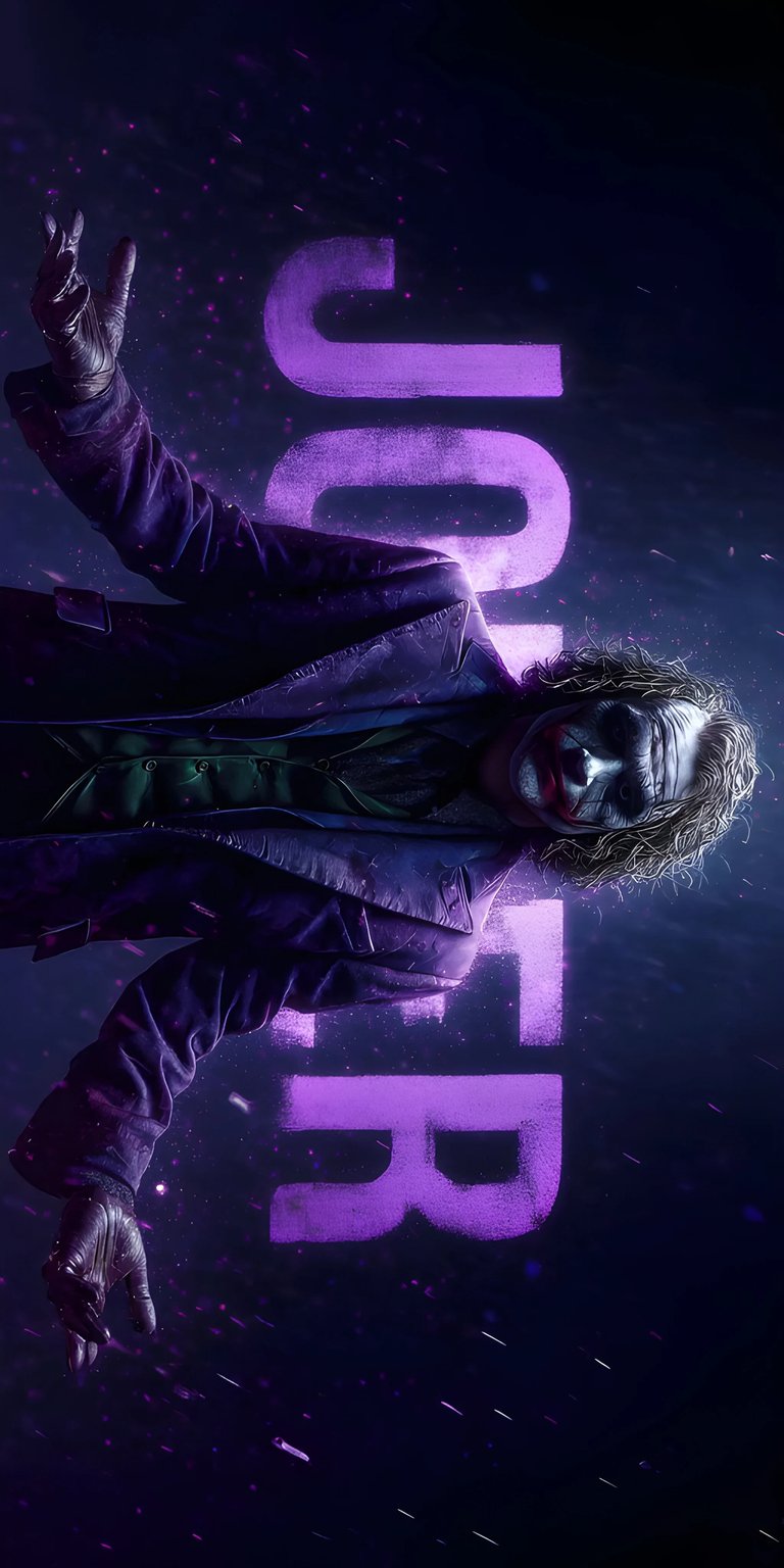 Download this stunning Joker 4K wallpaper for your iPhone, showcasing his sinister smile and purple suit. The wallpaper features a dark background with a bold, neon "JOKER" text.