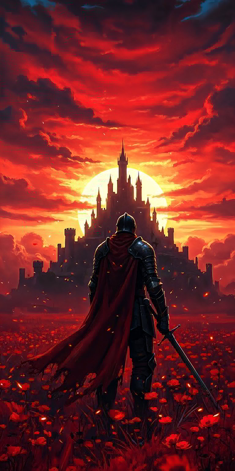 This epic 4K wallpaper showcases a red-caped knight approaching a glowing sunset castle with incredible cinematic textures. Enhance your mobile wallpaper collection with this high-fantasy landscape featuring vibrant orange lighting and silhouettes.