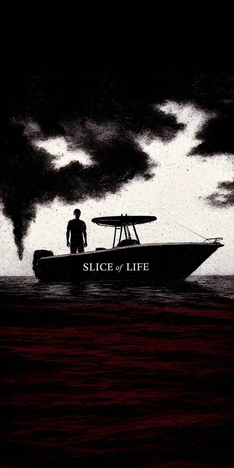 Download this moody Slice of Life wallpaper in 4K resolution for your iPhone! This atmospheric wallpaper features a lone figure on a boat amidst red waters and turbulent, smoky skies.