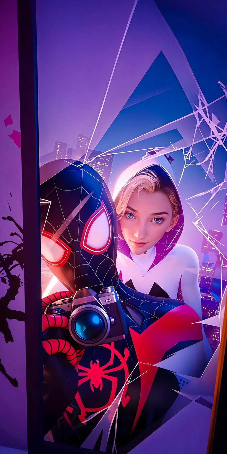 Get this cool Miles and Gwen 4K wallpaper for your iPhone, featuring Spider-Man with a camera and a shattered glass effect. This stunning wallpaper captures the essence of the movie with a striking spider emblem and vibrant neon highlights.