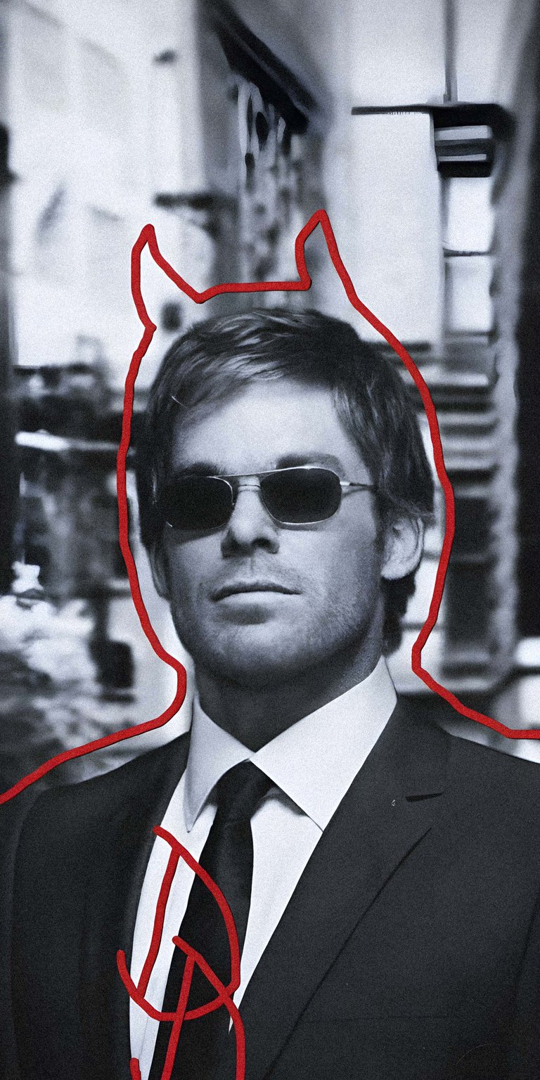 Download this striking Dexter 4K wallpaper for your iPhone, featuring the titular character outlined with red devil horns. This wallpaper showcases Dexter in his signature suit and sunglasses, set against a monochrome cityscape.