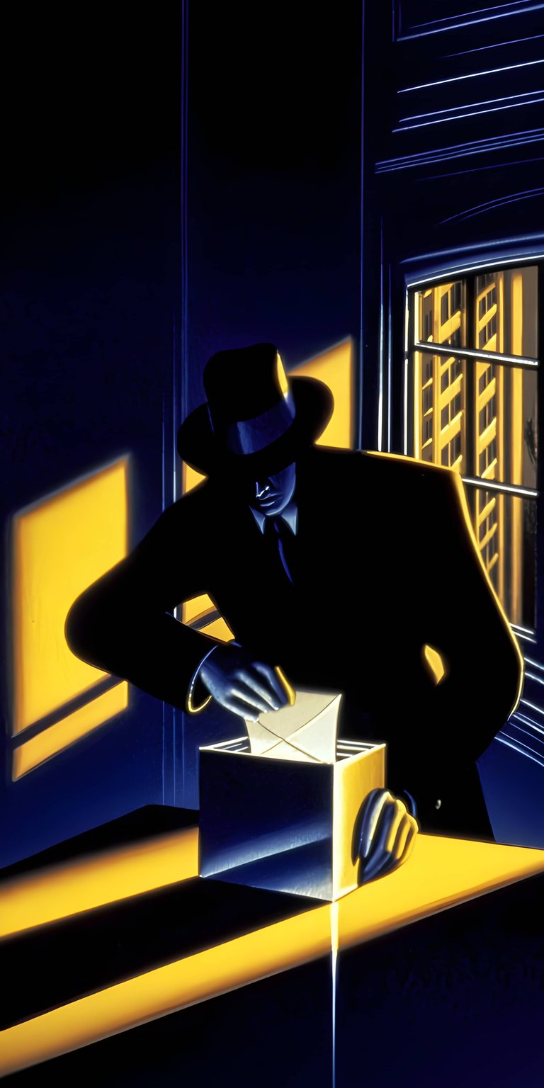 Download this stunning Retro Mailer wallpaper in 4K for your iPhone, showcasing a figure in a dark fedora and suit dropping a letter into a box. The stylized light shines off the windowsill and the glowing box.