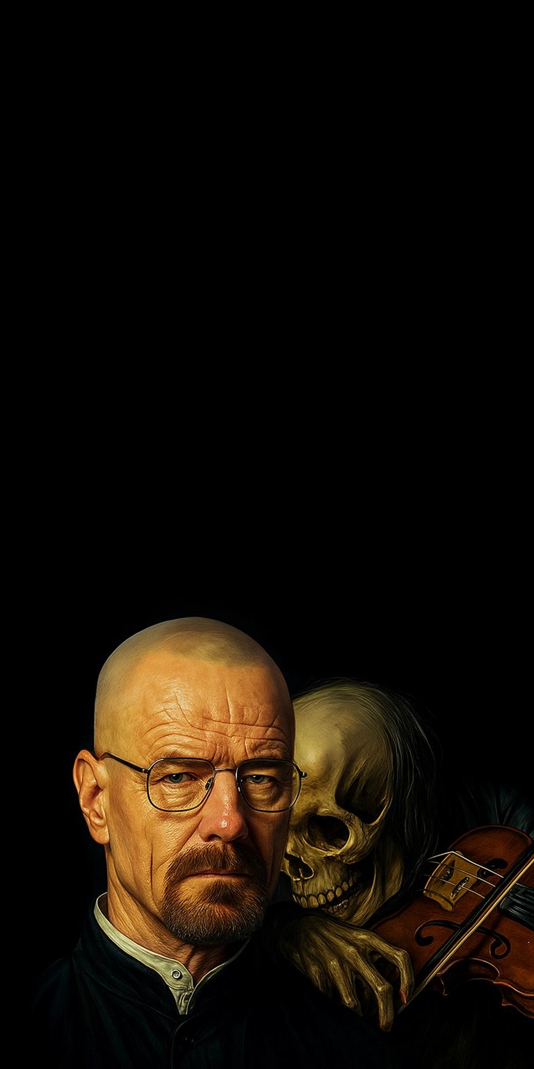 A gritty and cinematic tribute to Breaking Bad featuring Bryan Cranston as Walter White (Heisenberg) alongside a macabre skeleton holding a violin. This dark, dramatic composition captures the descent of the character, blending high-end digital portraiture with a memento mori theme.