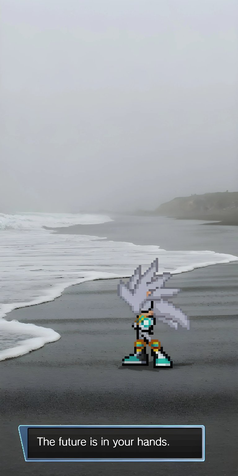 Download this stunning Silver the Hedgehog wallpaper in 4K for your iPhone. This wallpaper features a pixelated Silver standing on a black sand beach with crashing waves and the motivational quote, "The future is in your hands."