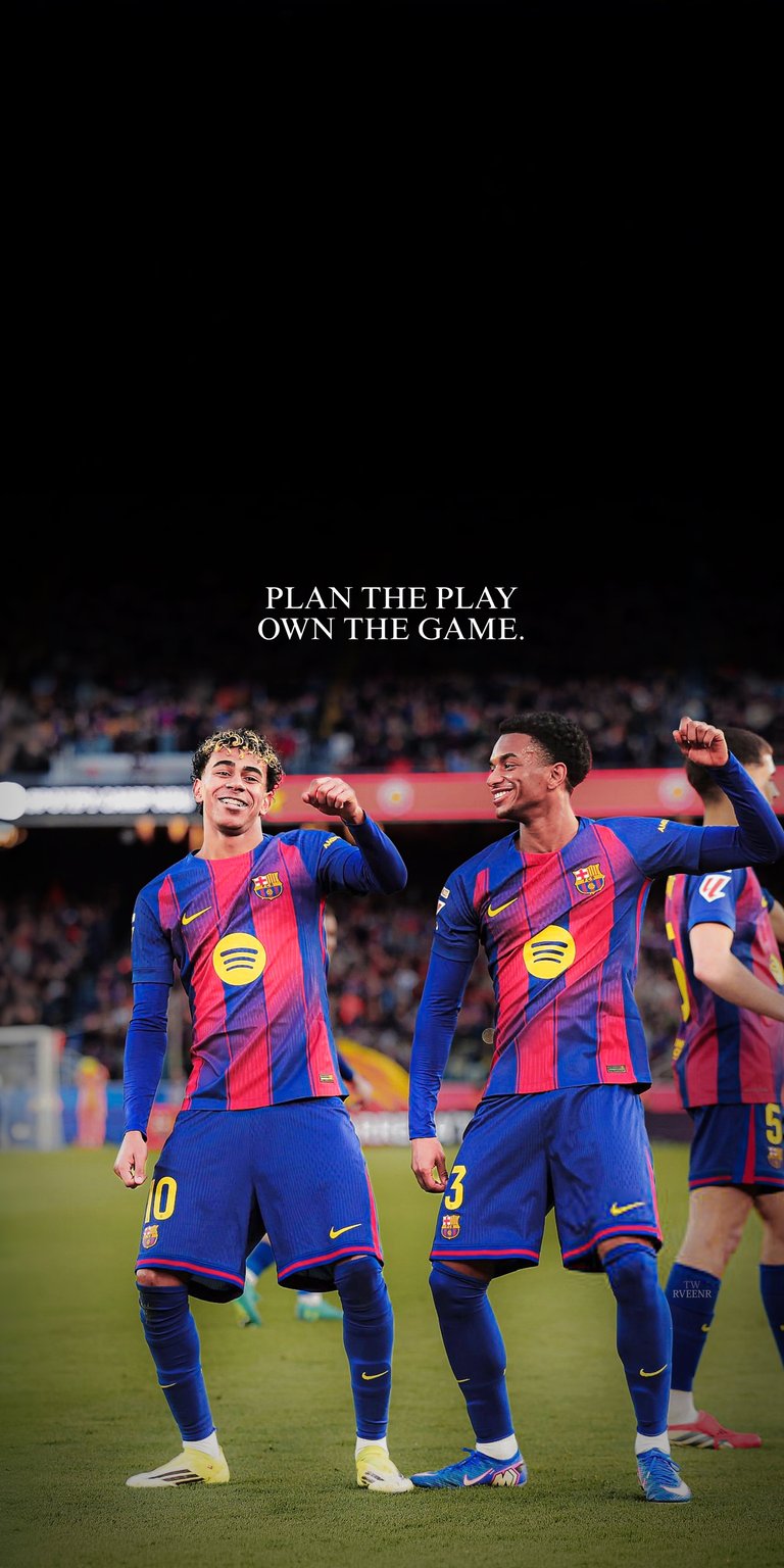 Lamine Yamal and Alejandro Balde 4K wallpaper presented in Aesthetic wallpapers style, capturing a joyful on-pitch celebration with cinematic depth. This wallpaper is optimized for iPhone, featuring vibrant red and blue colors, natural stadium lighting, and a confident, winning match-day mood that works perfectly as a wallpaper.