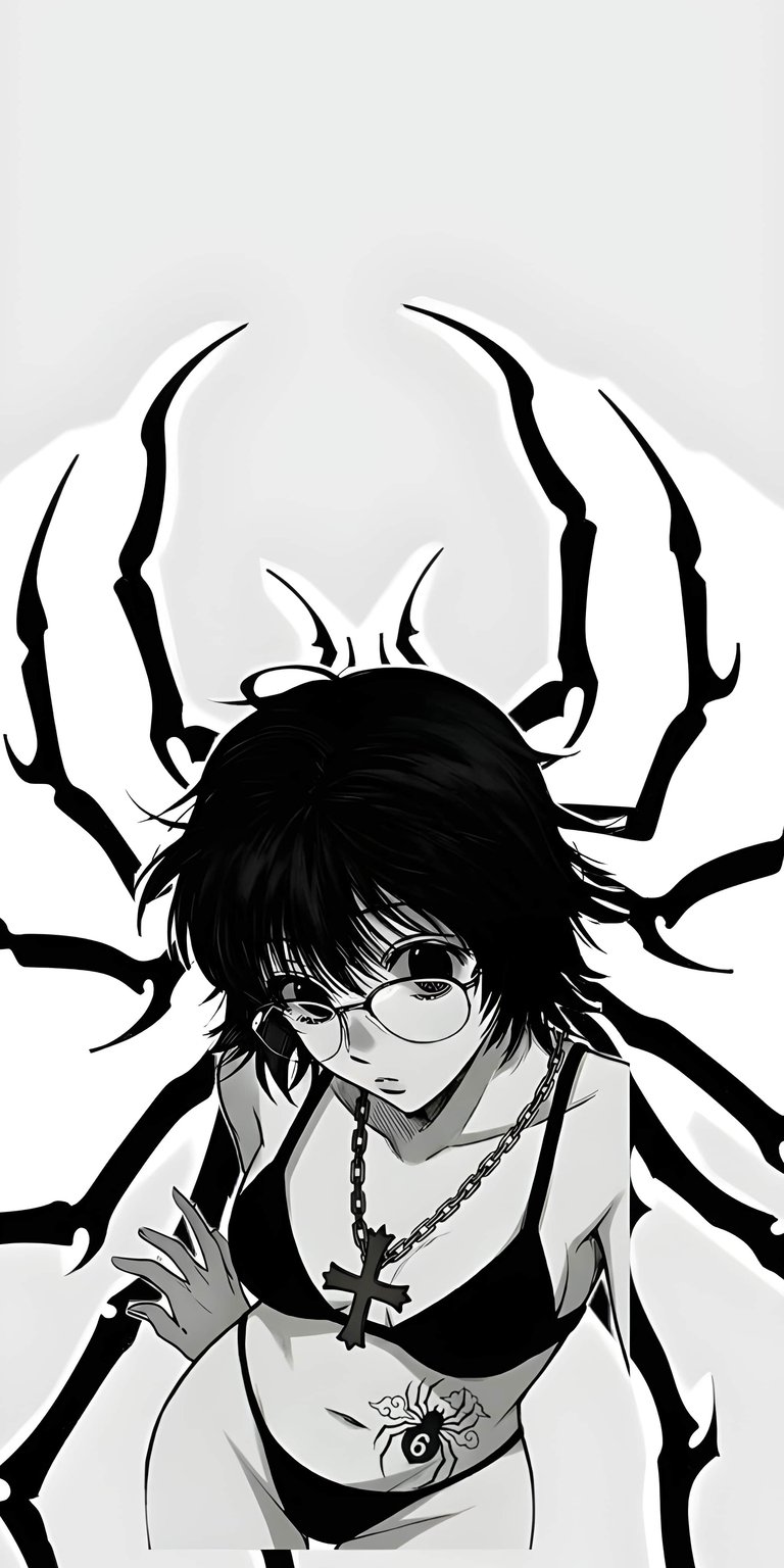 Download this Shalnark 4K wallpaper for your iPhone, featuring a striking black and white aesthetic. This wallpaper showcases Shalnark with glasses, a cross necklace, and a spider tattoo.