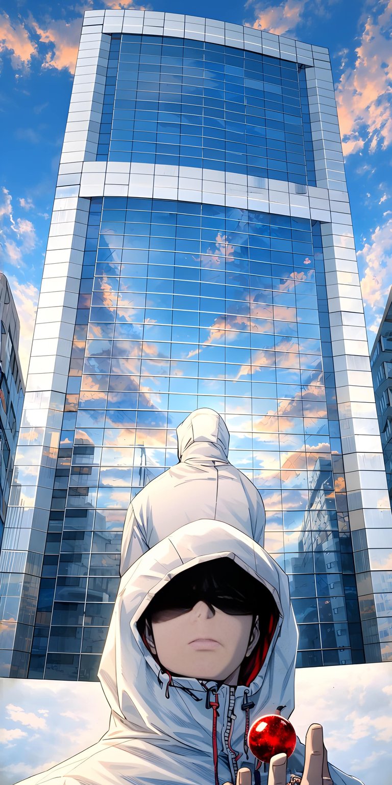 Download this Kim Suho 4K wallpaper for your mobile or iPhone featuring a cinematic reflection on a glass skyscraper. This high-resolution wallpaper showcases a mysterious hooded figure holding a glowing red orb with stunning cloud textures and depth of field.