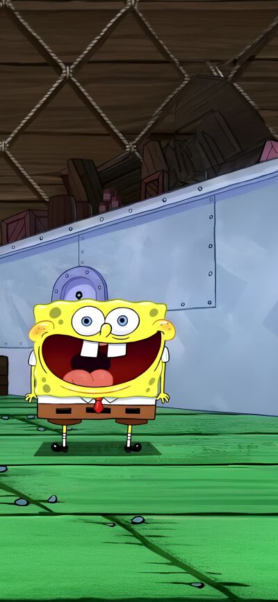 This Spongebob and Patrick 4K wallpaper is designed to perfectly match across two iPhones. The wallpaper features Spongebob and Patrick in front of the window with a huge smile on their faces, with the floor extending between the two wallpapers.