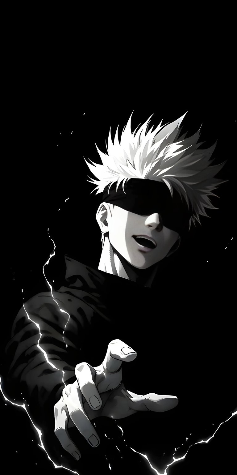 A powerful 4K wallpaper of Gojo Satoru from Jujutsu Kaisen, depicted in a cinematic black and white style with his blindfold on. This iconic iPhone wallpaper captures the "strongest sorcerer" reaching out with electrical energy crackling in the background.