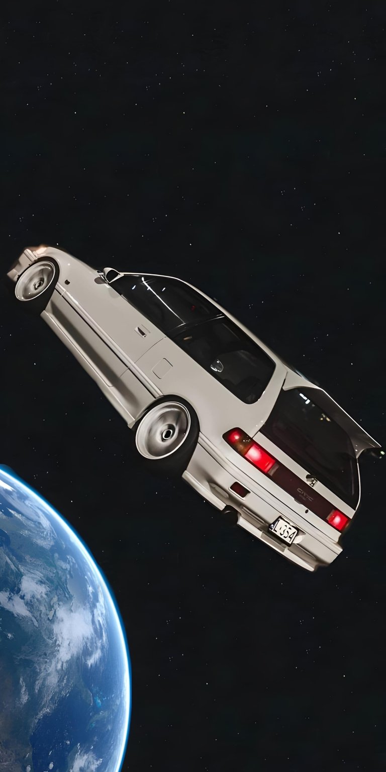 This surreal OLED wallpapers design features a white Honda Civic EF floating above Earth against a deep star-filled sky. Transform your iPhone with this creative wallpaper showcasing high-contrast blacks, glowing red taillights, and a cosmic, dreamlike atmosphere.