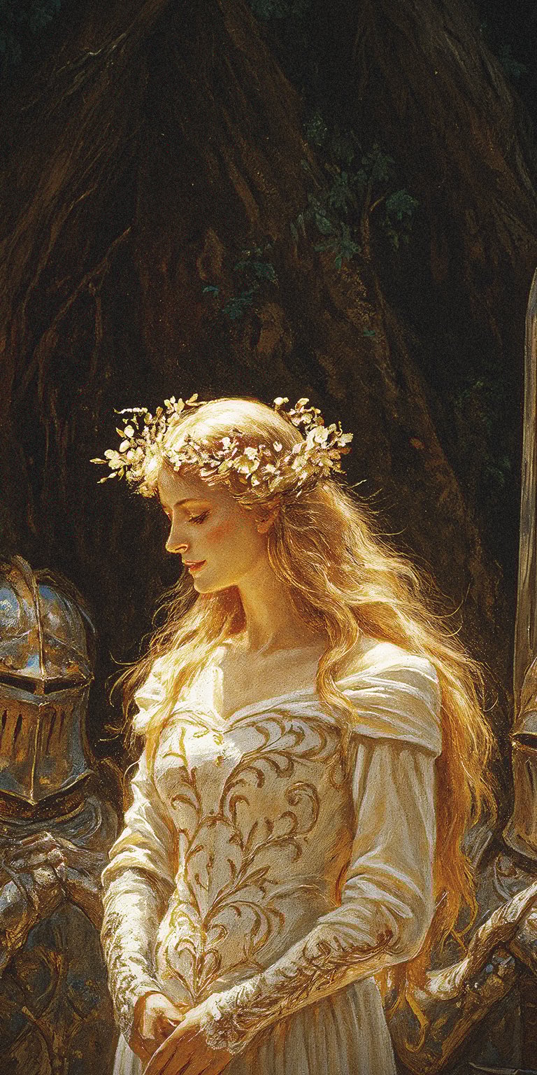 Download this stunning Lady wallpaper in 4K resolution for your iPhone! She stands in front of a dark forest with golden vine embroidery on her gown and a golden flower crown on her head.