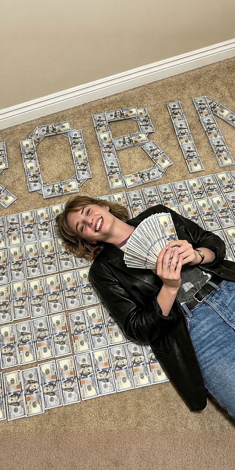 Download this amazing Maya Hawke 4K wallpaper for your iPhone! She is pictured lying on a carpet of money, wearing a black leather jacket and holding a fan of cash.