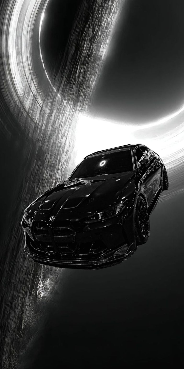 Experience the dark elegance of this BMW M4 4K wallpaper as it floats against the cosmic backdrop of a massive black hole event horizon. This stunning live wallpaper is optimized for iPhone, featuring deep monochromatic tones and sleek carbon fiber details that bring a high-performance aesthetic to your screen.