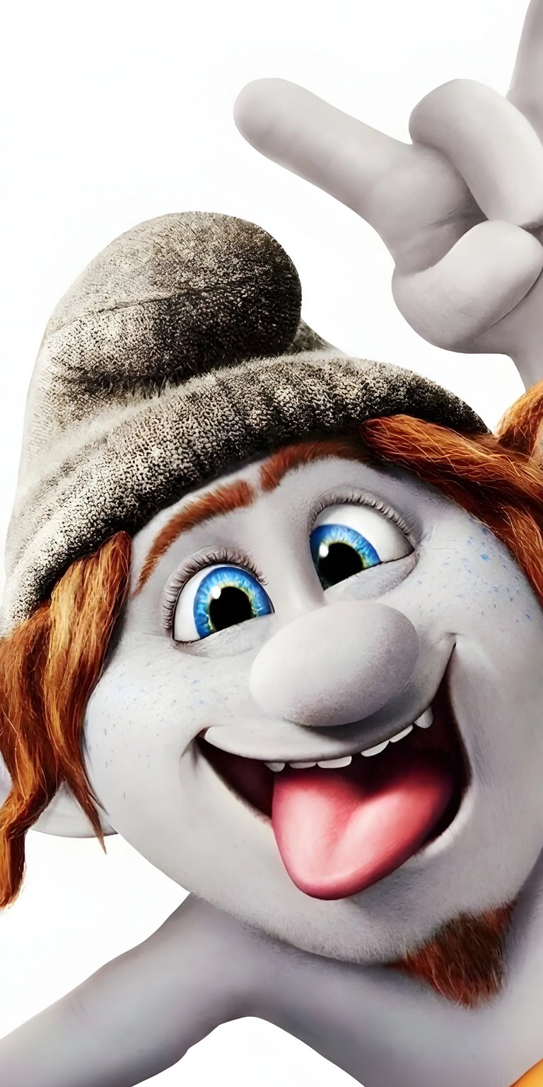 Download this vibrant Clumsy Smurf wallpaper in 4K for your iPhone, showcasing his playful tongue and freckled face. This delightful wallpaper brings the beloved Smurf to life with his textured cap and bright blue eyes.