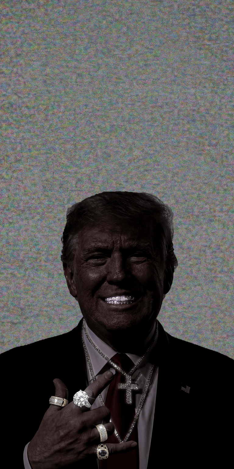 This 4K wallpaper showcases a bold, front-facing portrait of Donald Trump, leaning heavily into the "hustle and wealth" aesthetic. The composition focuses on a hand adorned with multiple oversized diamond rings and signets, layered against heavy silver chains and a jeweled cross. With a grainy, high-contrast finish and deep shadows that make the jewelry "pop," this piece blends iconic celebrity imagery with hip-hop luxury culture. It is the perfect high-definition background for users looking for a unique, edgy, and high-fashion statement piece for their device.