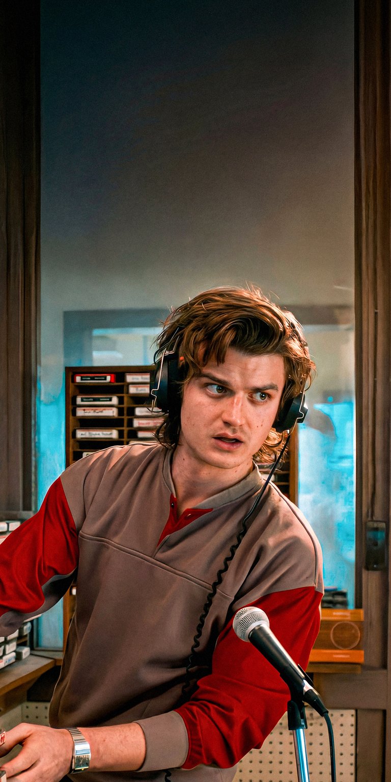 Enjoy this high-quality 4K wallpaper of Steve Harrington on your iPhone, featuring him with a microphone and headphones in a retro setting. This wallpaper highlights his signature hair and vintage style.