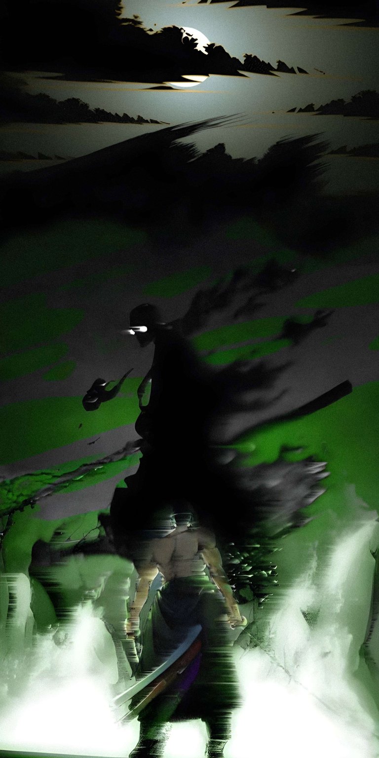 Download this awesome Zoro 4K wallpaper for your iPhone! The wallpaper features three swords, a silhouette against a moonlit sky, and striking green accents.