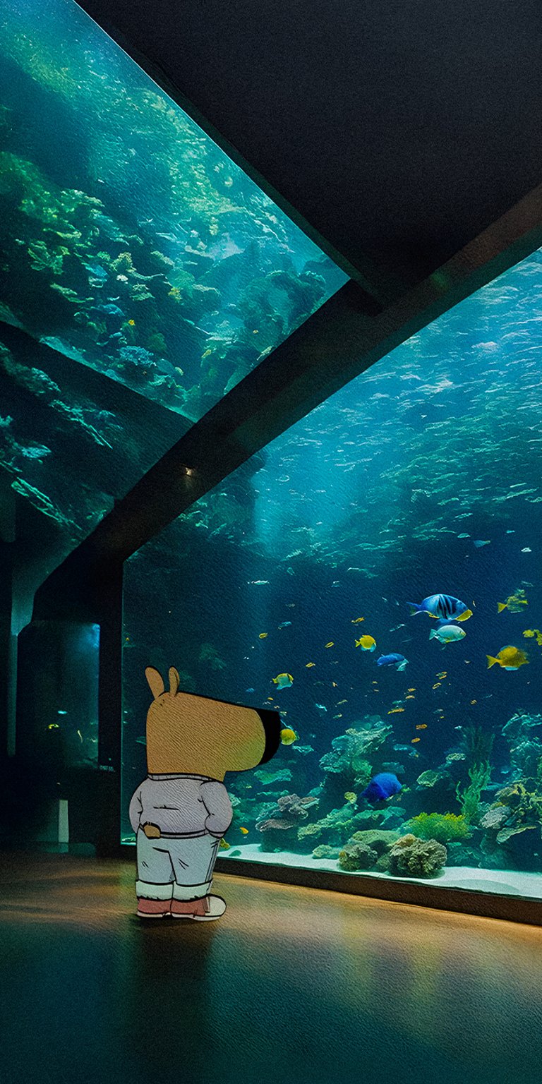 Chill Guy watching the fishes under the oceanarium wallpaper