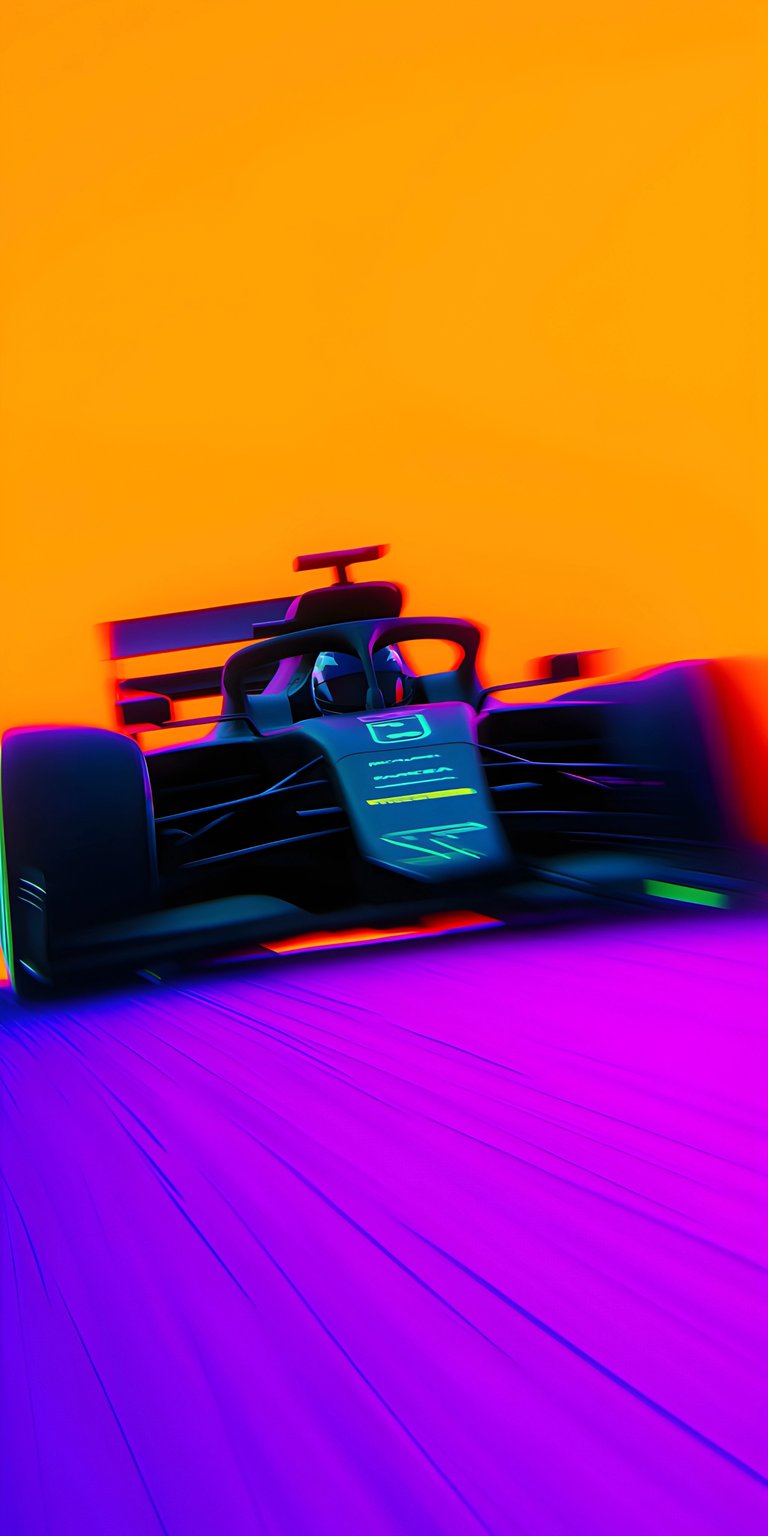 Get this Formula 1 racing 4K wallpaper for your iPhone, showcasing vibrant streaks of orange, purple, and cyan. This eye-catching wallpaper features a sleek race car with neon accents speeding across the track.