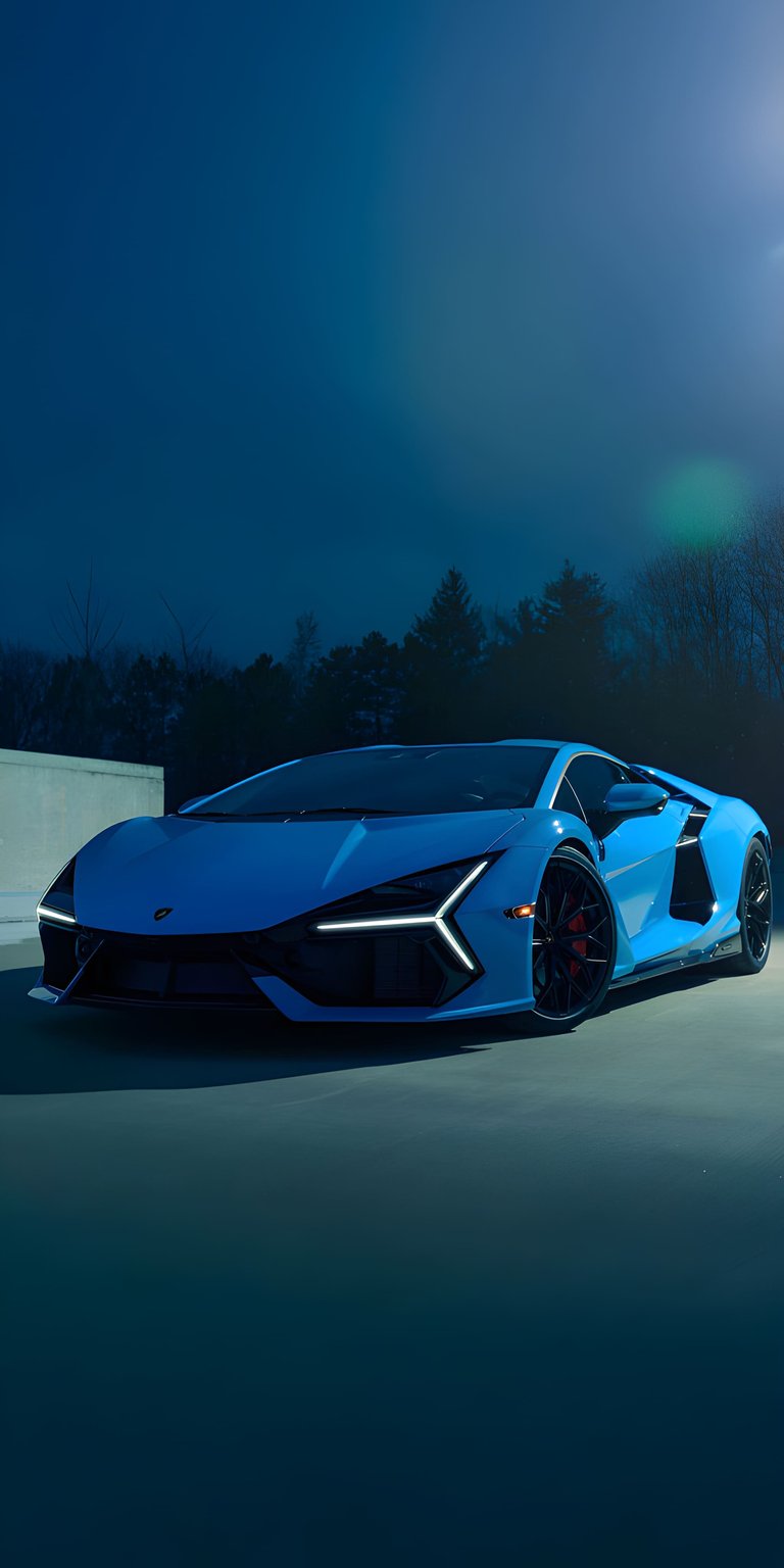 This Blue Lamborghini Revuelto 4K static wallpaper features the flagship hybrid supercar in a cinematic, low-light setting. The aesthetic wallpaper highlights the sharp Y-shaped LED signatures and aggressive aerodynamic lines perfect for a high-end mobile background.