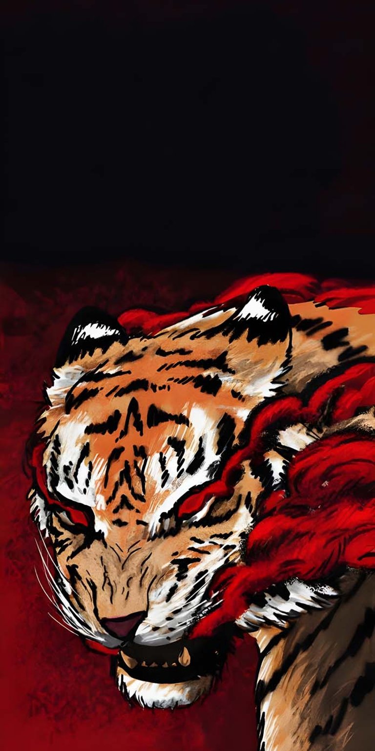 Download this striking Tiger wallpaper for your iPhone in 4K resolution. The intense red eyes, sharp teeth, and stylized mane create a powerful wallpaper.