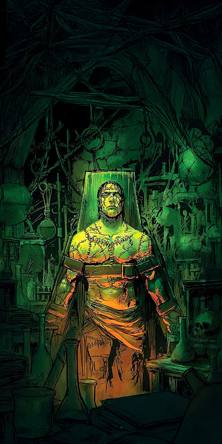 A dramatic and intense depiction of Frankenstein's monster illuminated by eerie green light in a gothic laboratory setting. Perfect for classic horror fans, dark aesthetic themes, and users who love spooky, high-contrast visuals. Great for AMOLED and high-resolution displays.