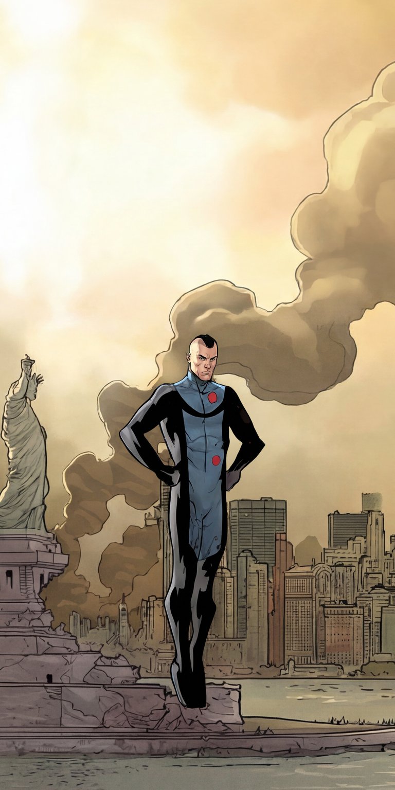 This aesthetic wallpaper features the Marvel character Nuke standing before a smoke-filled New York City skyline and the Statue of Liberty. Perfect for an iPhone lock screen, this wallpaper captures a gritty, cinematic atmosphere with muted colors and classic comic book ink work.