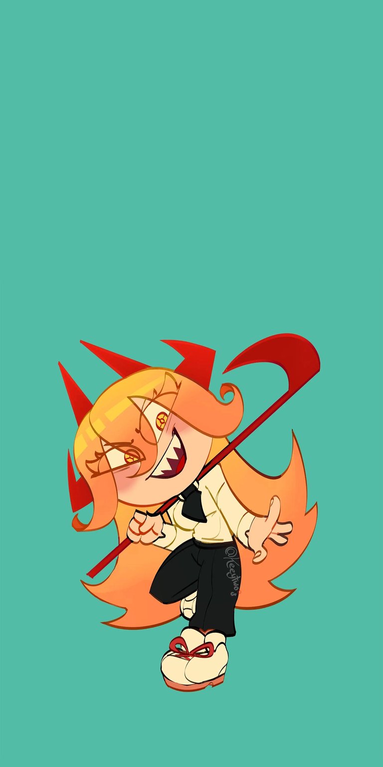 Download this Power 4K wallpaper for your iPhone, showcasing her striking red horns and unique orange eyes. This wallpaper captures Power posed with her signature grin and scythe.