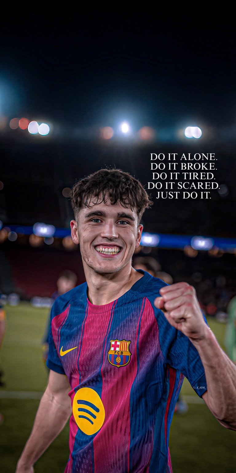 A dynamic 4K wallpaper of FC Barcelona's young talent, Pau Cubarsí, celebrating a victory. The image is overlaid with a quote emphasizing hard work: "DO IT ALONE. DO IT BROKE. DO IT TIRED. DO IT SCARRED. JUST DO IT." Perfect for gym motivation or sports enthusiasts.