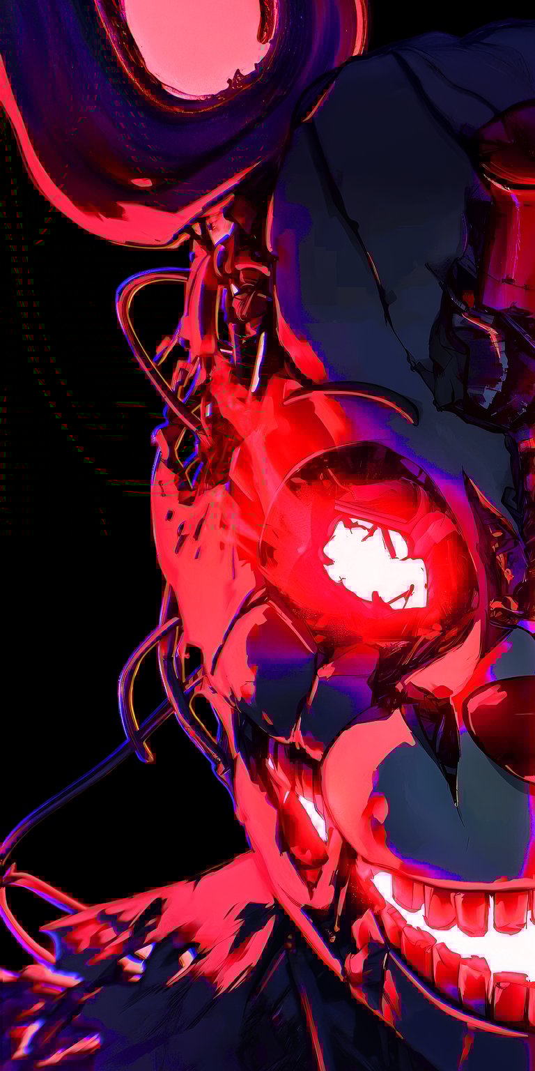 A striking and intense vertical 4K wallpaper featuring a heavily stylized, glitching depiction of Glitchtrap (also known as the Afton Entity) from the Five Nights at Freddy's (FNAF) franchise. The artwork is dominated by stark neon red and deep blacks, giving the character a menacing, corrupted appearance with a glowing white-red central eye. This aesthetic is perfect for fans of horror, cyberpunk, and dark video game art, offering a terrifying and vibrant background for mobile or desktop screens.