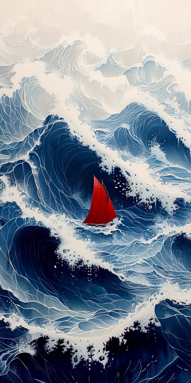 Illustration of sailboat in giant waves wallpapers