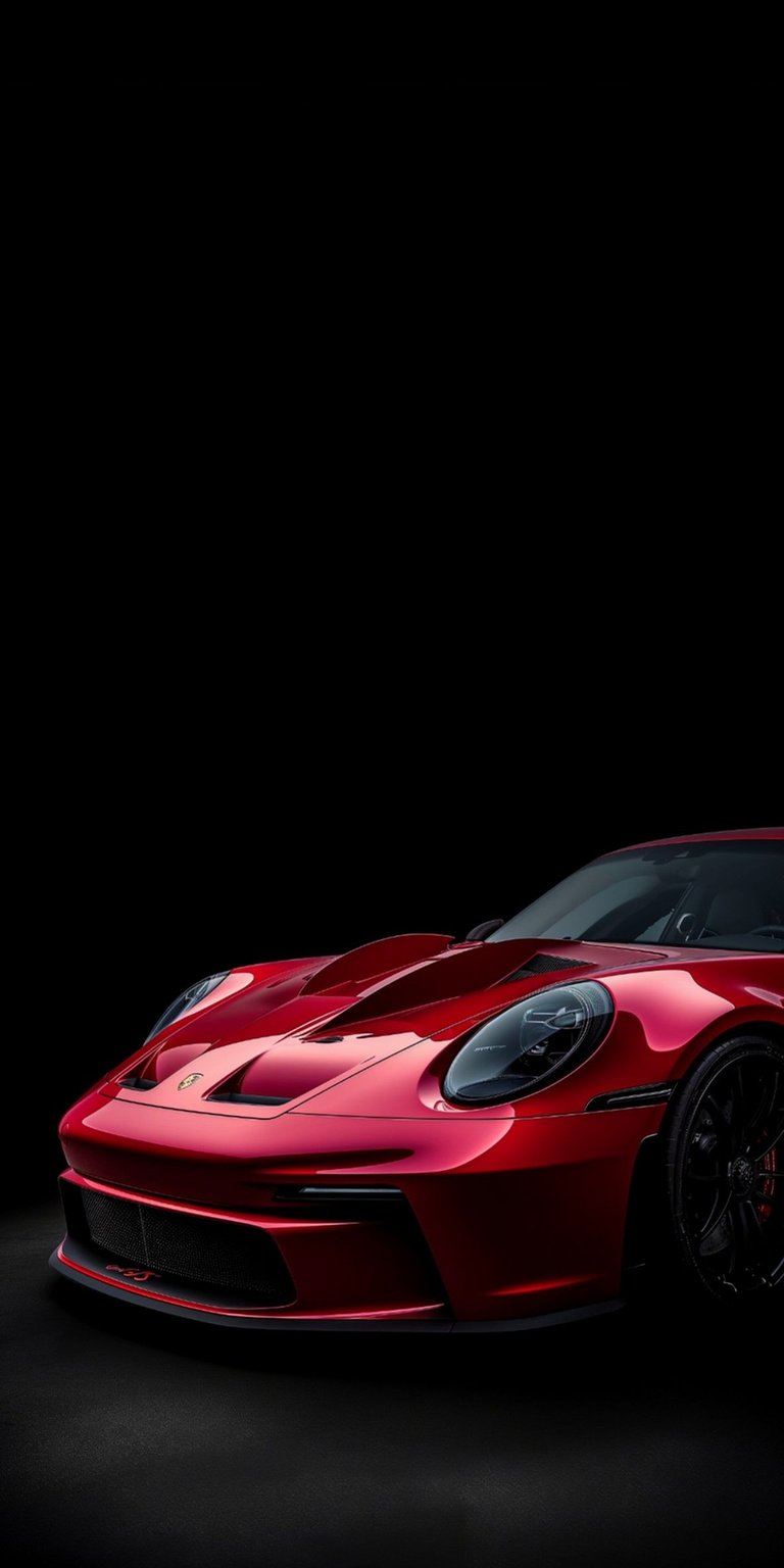This Red Porsche 911 GT3 RS 4K wallpaper features a high-contrast design perfect for OLED screens. The vibrant red paint and sharp aerodynamic details stand out against a deep black background, making it an ideal aesthetic wallpaper for your iPhone.