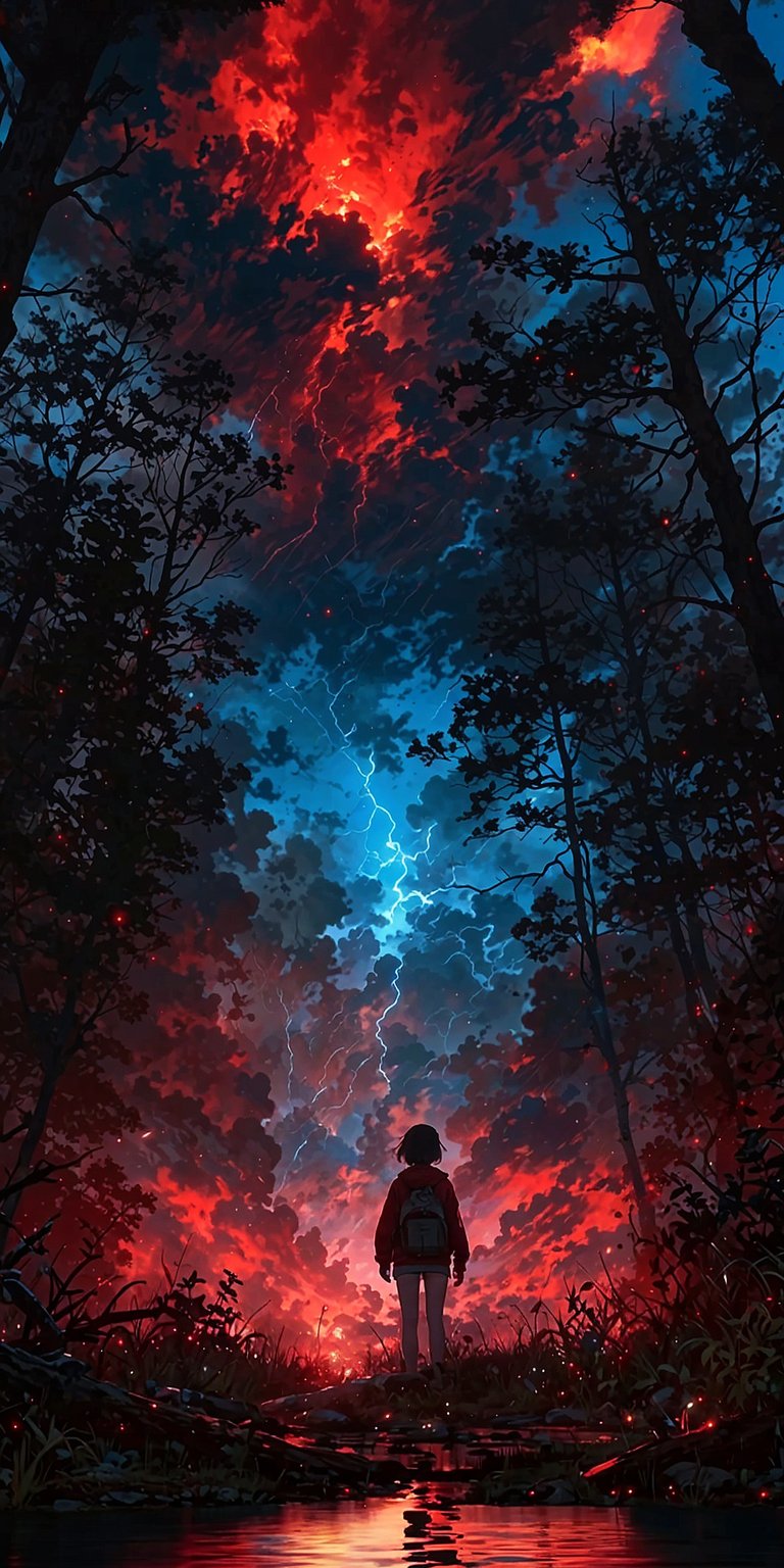 Download this striking stranger things art 4K wallpaper for your iPhone, featuring a lone girl gazing at a dramatic skyscape filled with a lightning storm and fiery red clouds. This stunning wallpaper captures a blend of serenity and chaos.