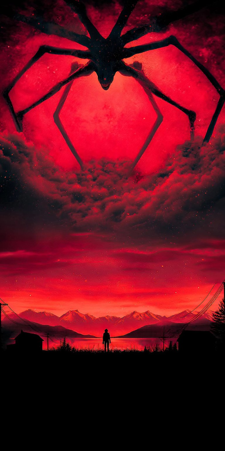 Download this ominous Vecna 4K wallpaper for your iPhone, showcasing the dark figure looming over a silhouetted person with red clouds. This wallpaper features a creepy silhouette and dark mountains, making it a unique choice.