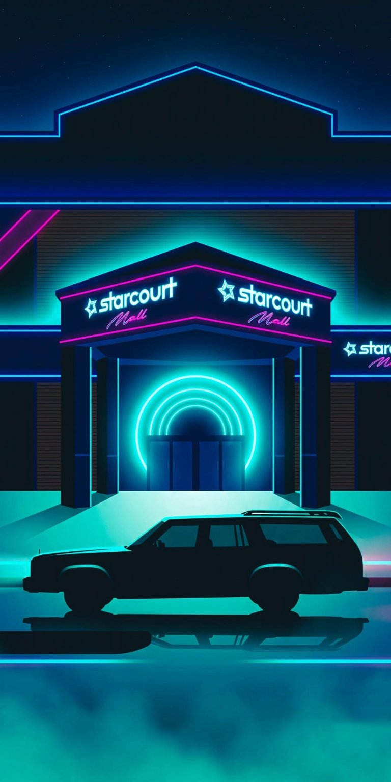 Elevate your iPhone's style with this Starcourt Mall 4K wallpaper featuring a cool retro aesthetic. This awesome wallpaper showcases neon lights, a classic station wagon, and a dreamy fog effect.