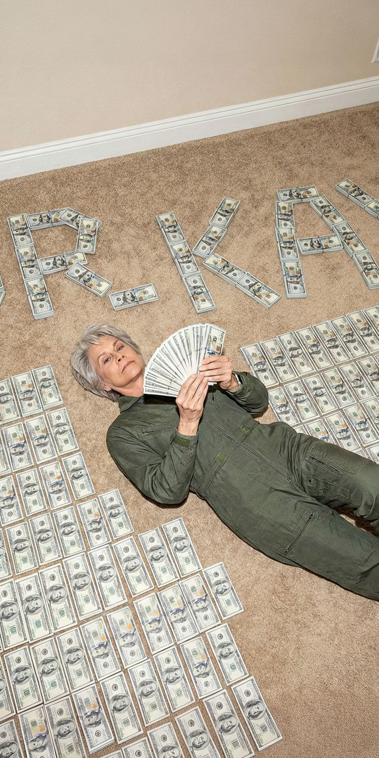 Download this Berkshire Hathaway inspired 4K wallpaper for your iPhone. The image shows a lady in a green jumpsuit laying on a brown carpet surrounded by stacks of hundreds, holding a fan made of bills.