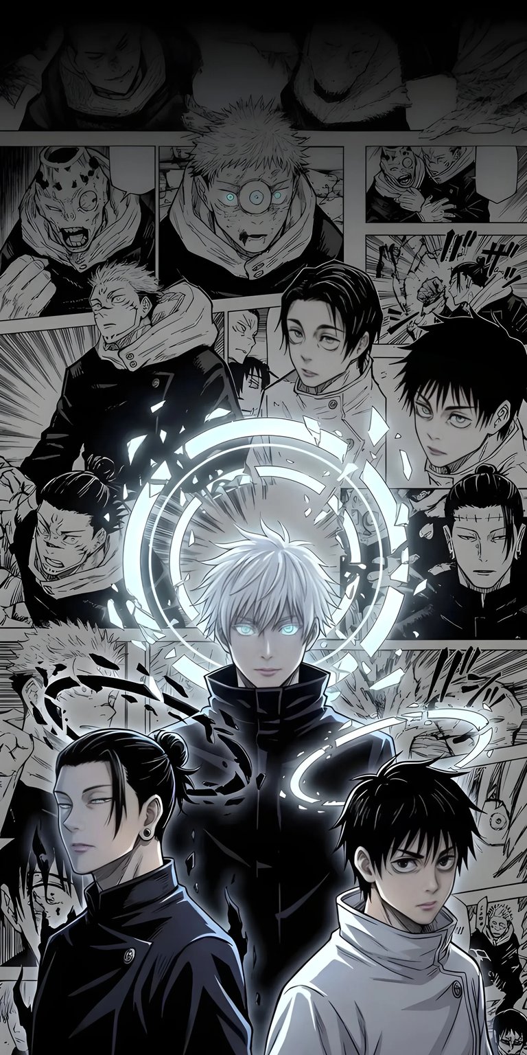 This striking Jujutsu Kaisen wallpaper in 4K is perfect for your iPhone, featuring Satoru Gojo surrounded by manga panels. The glowing eyes, black uniform, and energy rings add to the intensity.
