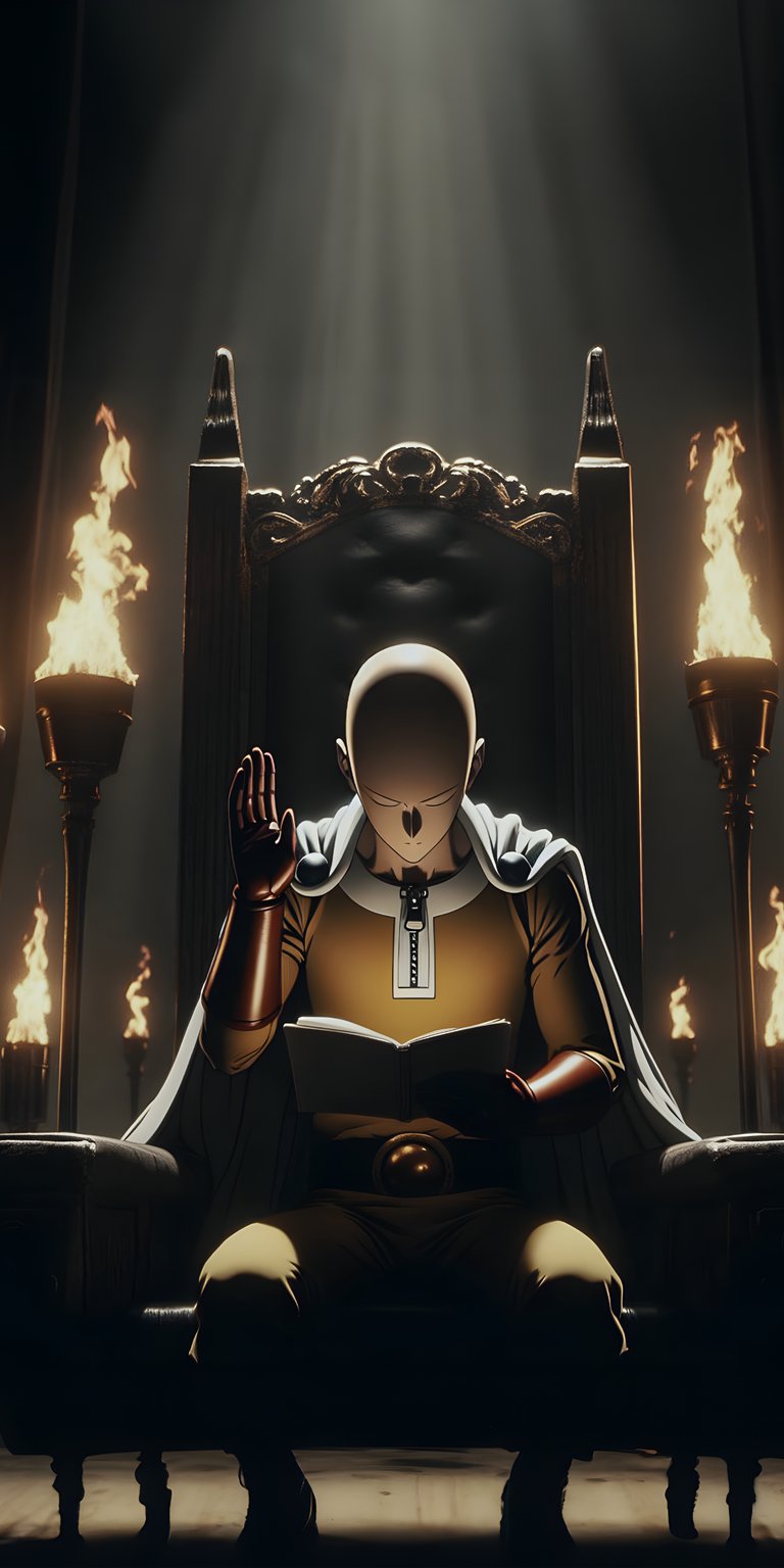 art person illustration man sit chair torch armchair read throne king baldwin saitama one punch