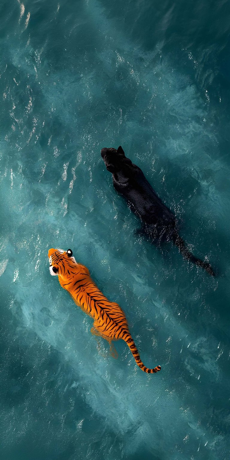 Get this stunning tiger and panther wallpaper for your iPhone in 4K resolution. Observe the contrasting colors of the big cats against the blue water, capturing a unique moment.