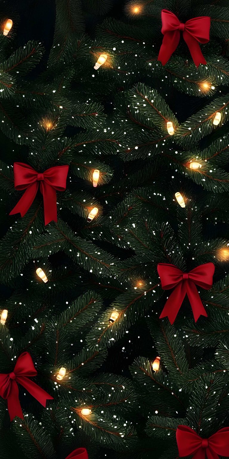Download this stunning Christmas tree wallpaper in 4K for your iPhone, showcasing festive red bows, twinkling lights, and a dusting of snow. This holiday wallpaper captures the season's joy.