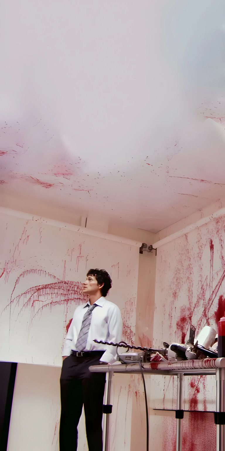 Download this Brian Moser wallpaper in 4K for your iPhone, showcasing the blood-spattered walls and ceiling. This high-resolution wallpaper features Dexter Morgan in his iconic shirt and tie, standing near a stainless steel table.