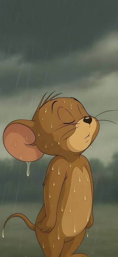 This 4K wallpaper showcases Tom and Jerry standing in the rain, looking up into the sky. This wallpaper is for iPhone and perfect for matching with someone else.