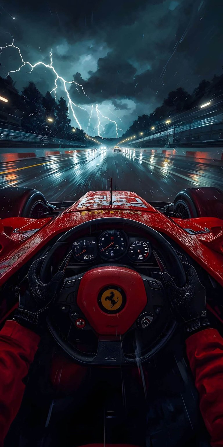 Ferrari race cockpit 4K wallpaper in Aesthetic wallpapers style, placing the viewer inside a high-speed drive through a storm-lit track. This wallpaper is optimized for iPhone, featuring deep red tones, dramatic lightning, wet reflections, and intense cinematic depth that makes the wallpaper feel immersive.
