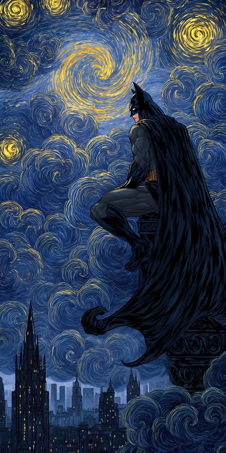 Download this captivating Batman 4K wallpaper for your iPhone, featuring a stunning depiction of Gotham's protector against a "Starry Night" backdrop. The intricate swirls of the sky and the shadowy cityscape create a visually compelling wallpaper.