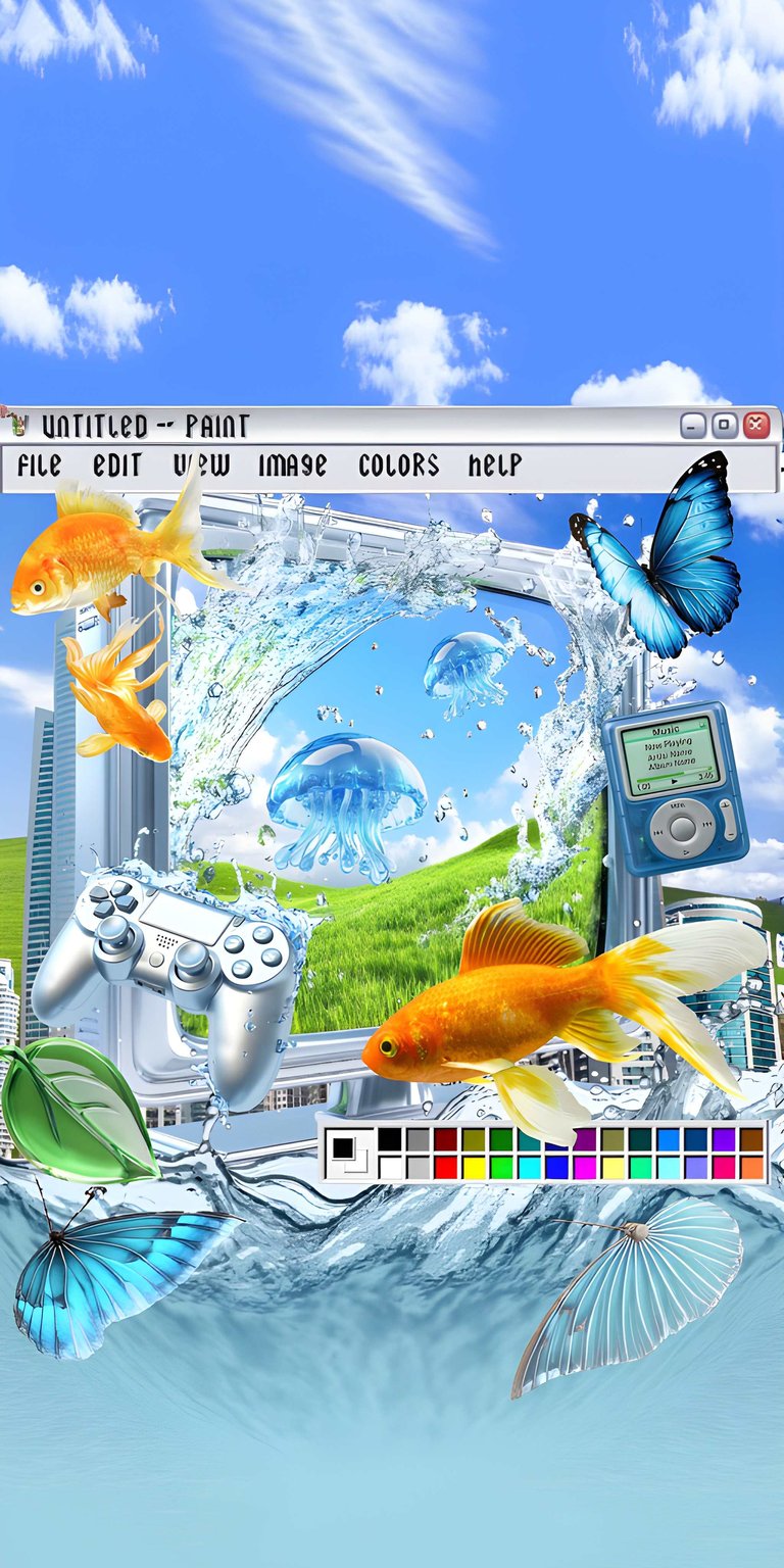 Immerse yourself in this nostalgic Windows Paint 4K wallpaper, perfect for your iPhone. This vibrant wallpaper features goldfish, a PlayStation controller, and floating jellyfish cascading out of the classic Paint interface.