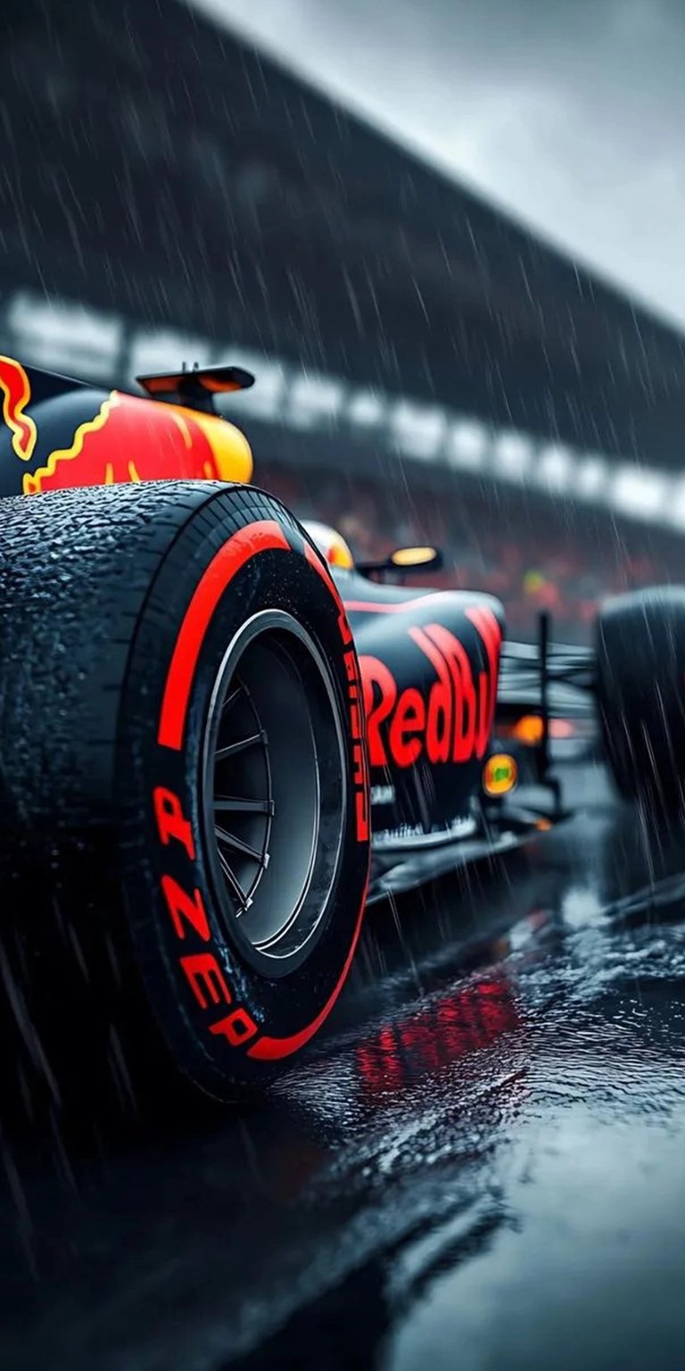 Experience the thrill with this Red Bull Racing 4K wallpaper, perfect for your iPhone! The intense rain and vibrant red accents on the tire and logo make this wallpaper a stunning addition to your device.