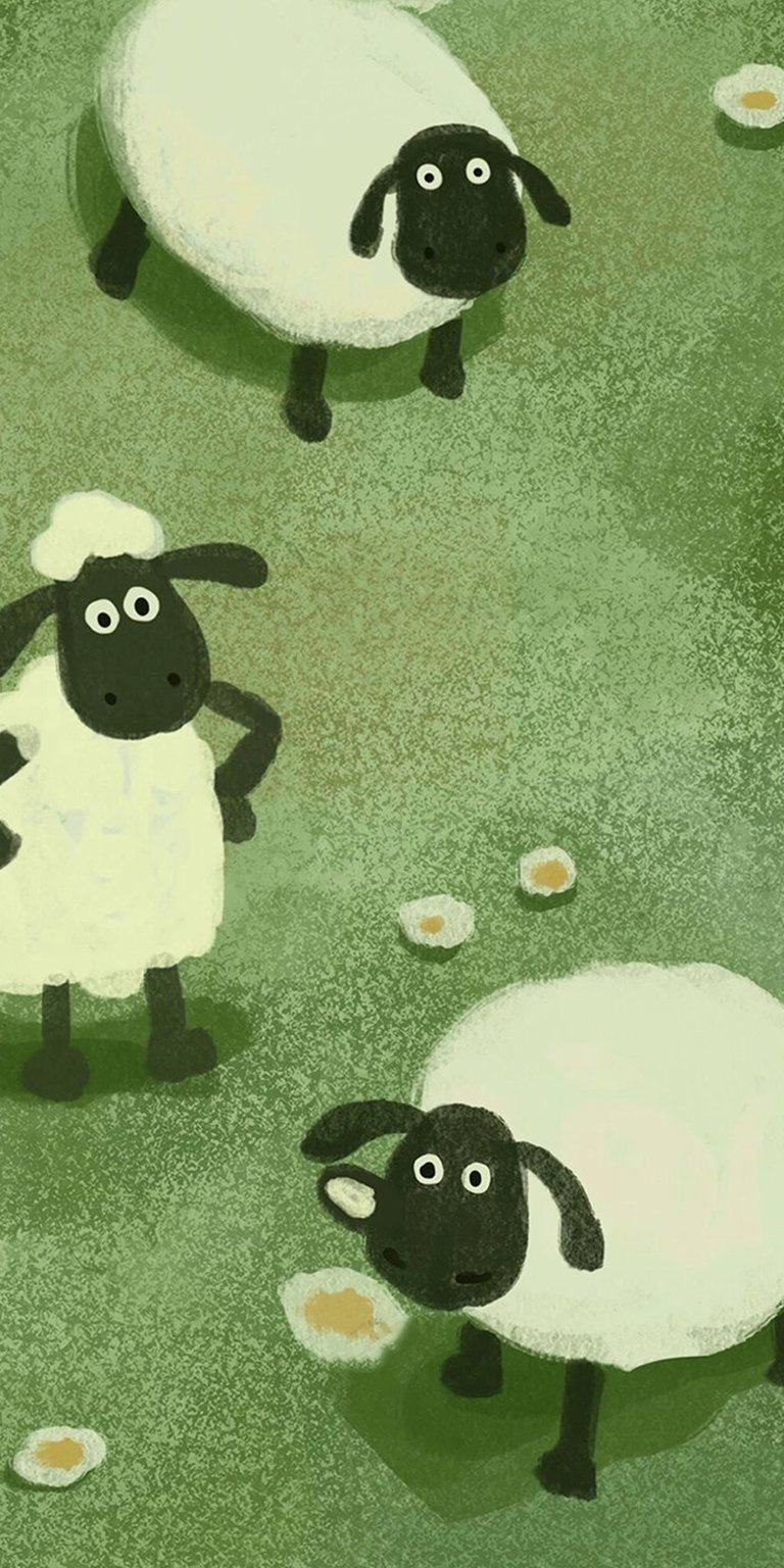 Download this adorable Shaun the Sheep 4K wallpaper for your iPhone, featuring three sheep against a green backdrop. This wallpaper shows one sheep standing with hands on its hips and small white daisies scattered throughout the image.