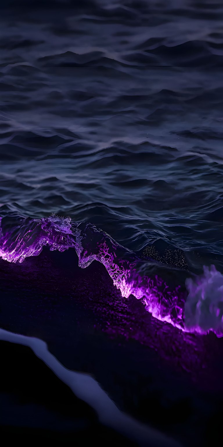 Experience the striking contrast of this bioluminescent ocean wave 4K wallpaper designed specifically for your iPhone. This OLED / AMOLED wallpaper features deep black water juxtaposed against a vibrant, glowing purple crest, creating a cinematic and moody atmosphere for your screen.