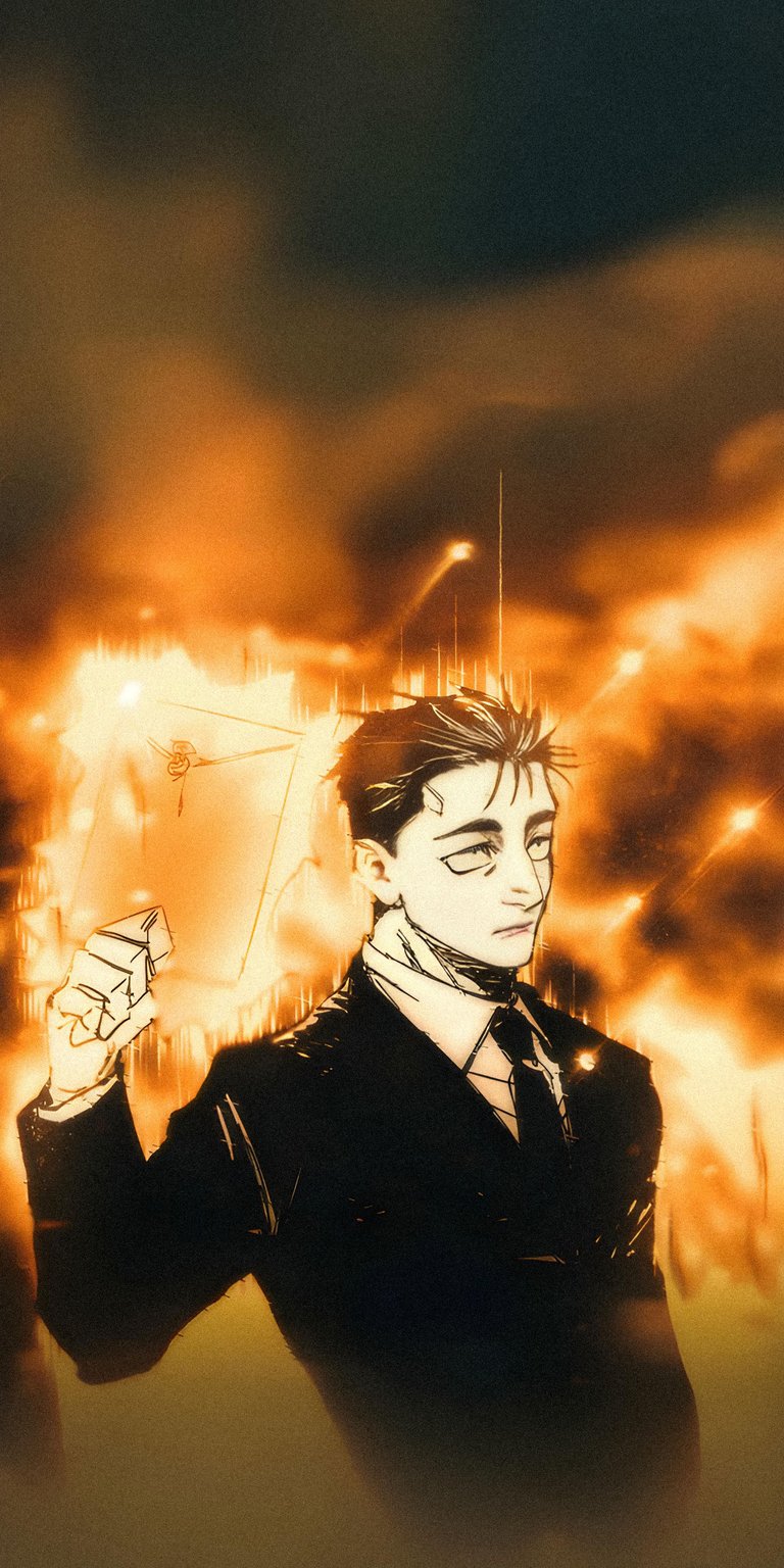 Download this Yoshida 4K wallpaper for your iPhone today! The wallpaper features the Public Safety Devil Hunter, glowing envelopes, and a fiery backdrop.