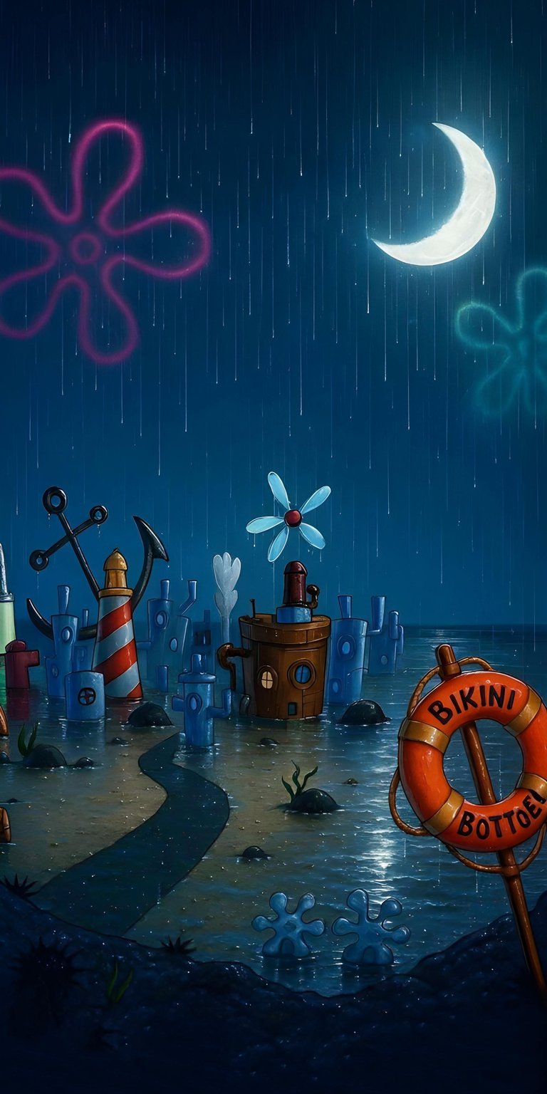 A moody and atmospheric reimagining of Bikini Bottom from "SpongeBob SquarePants." This wallpaper features the iconic underwater city during a rainy night under a crescent moon. With the pineapple house, Squidward’s Easter Island head, and Patrick’s rock illuminated by soft blue light, it offers a nostalgic yet peaceful "lofi" vibe for fans of the series.